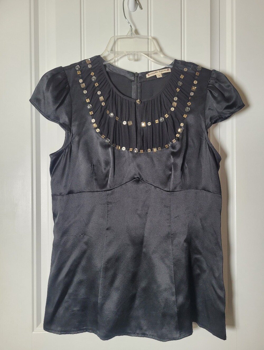 Nanette Lepore Black Beaded Neck 100% Satin Top.  Size 8